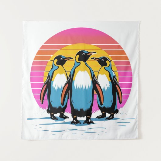 Pinguin Parade - Retro Sunset Penguin Family Wandteppich (Vorderseite)