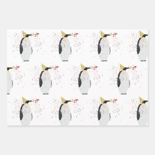 Pinguin Partying - Tiere mit Party Geschenkpapier Set (Vorderseite 3)