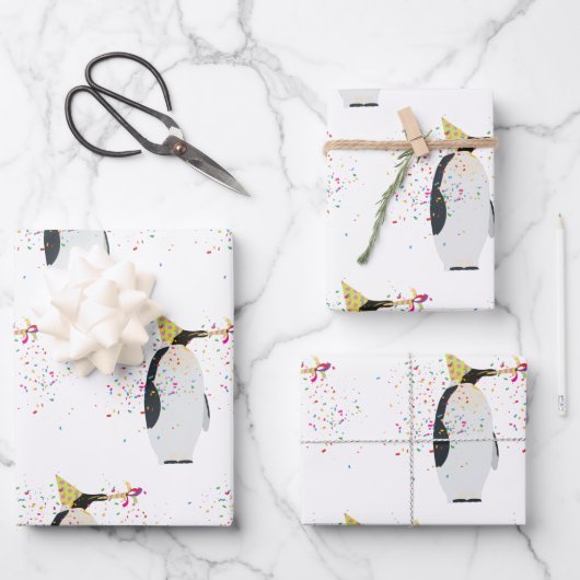 Pinguin Partying - Tiere mit Party Geschenkpapier Set (Vorderseite)