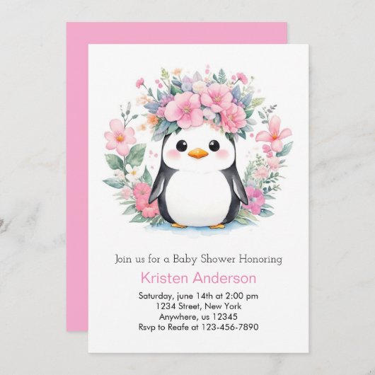 Pinguin Playtime Fiesta: Girl Baby Shower Einladung (Vorne/Hinten)