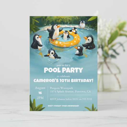 Pinguin Pool Party, Kindergeburtstag Einladung (Stehend Vorderseite)