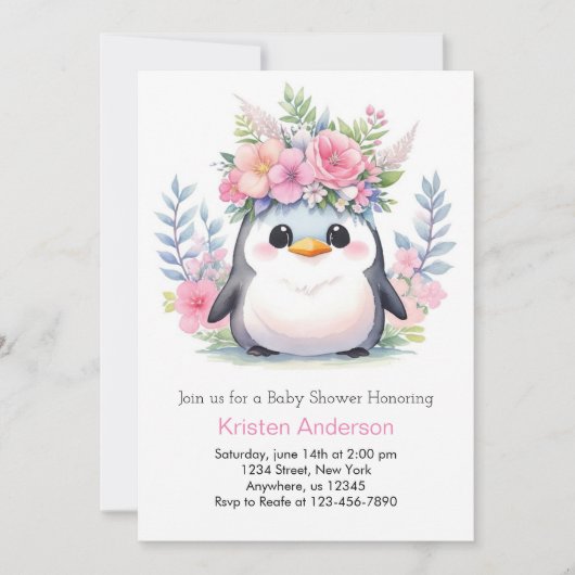 Pinguin Princess Celebration: Mädchen-Babydusche Einladung (Vorderseite)