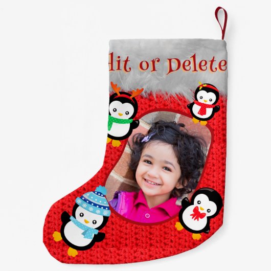 Pinguin Red Niedlich Christmas Kind Foto Name Fun Kleiner Weihnachtsstrumpf (Rückseite)
