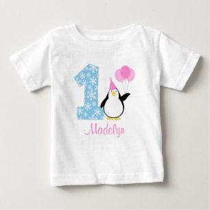 Pinguin-rosa blauer Mädchen-Winter Onederland Baby T-shirt