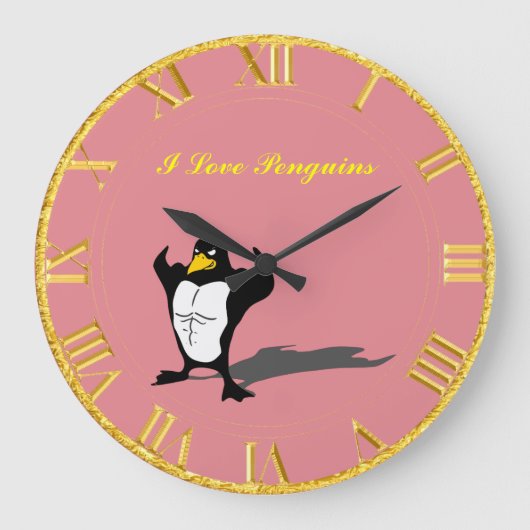 Pinguin-Rosa und Golduhr Große Wanduhr (Vorderseite)