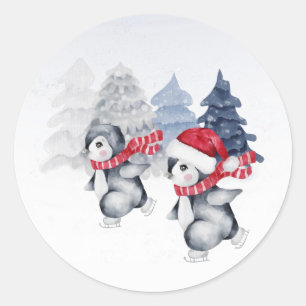 Pinguin Rot Schlittschuh Bäume Aquarell Weihnachte Runder Aufkleber