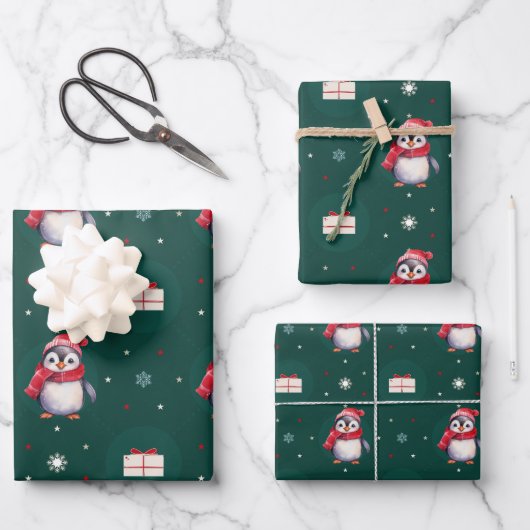 Pinguin Santa Green Happy Frohe Weihnachtsmuster Geschenkpapier Set (Vorderseite)