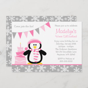 Pinguin-Schneeflocke-rosa Winter Onederland Einladung