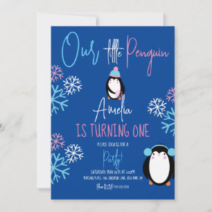 Pinguin-Schneeflocken Rosa Blau 1. Geburtstagsfeie Einladung