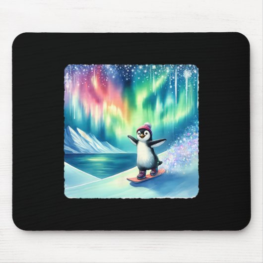 Pinguin Snowboarden unter der farbenfrohen Aurora Mousepad (Vorne)