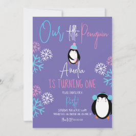 Pinguin Snowflakes Pink Blau 1. Geburtstag Violett Einladung