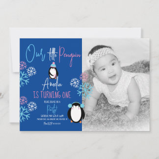 Pinguin Snowflakes Pink Blue 1. Geburtstag Foto Einladung