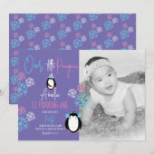 Pinguin Snowflakes Pink Blue 1. Geburtstag Foto Einladung (Vorne/Hinten)