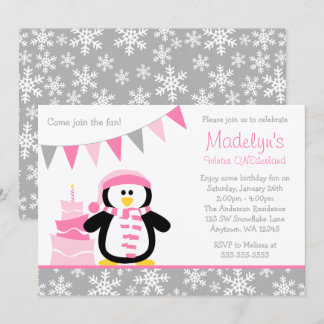 Pinguin Snowflakes Pink Winter Onederland Geburtst Einladung