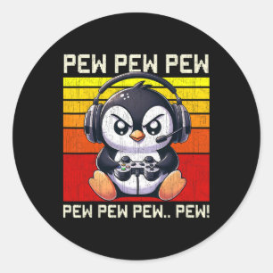 Pinguin-Spieler Pew Lustiges Videospiel Vintage Ju Runder Aufkleber