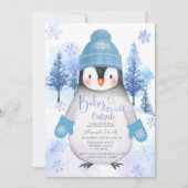 Pinguin Strickhut Schneeflocken Silver Blue Einladung (Vorderseite)