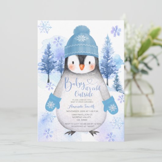 Pinguin Strickhut Schneeflocken Silver Blue Einladung (Stehend Vorderseite)