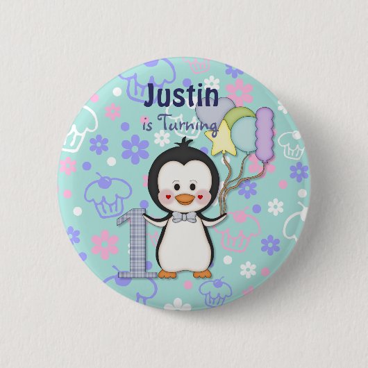Pinguin Süsse - Junge zum ersten Geburtstag Button (Vorderseite)