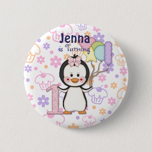 Pinguin-Süsse - Mädchen zum ersten Geburtstag Button (Vorderseite)