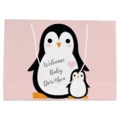 Pinguin Theme Baby Dusche Niedlich Große Geschenktüte (Rückseite)