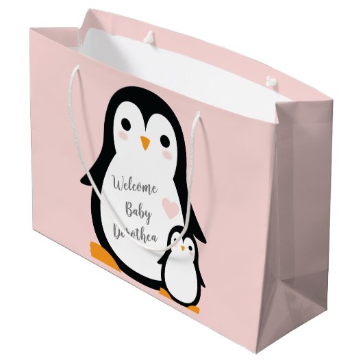 Pinguin Theme Baby Dusche Niedlich Große Geschenktüte (Rückseite Schrägansicht)