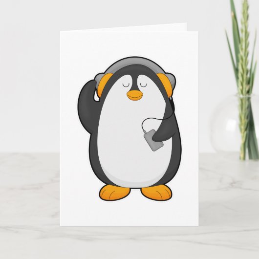 Pinguin und Mobiltelefon mit Headset Karte (Vorderseite)