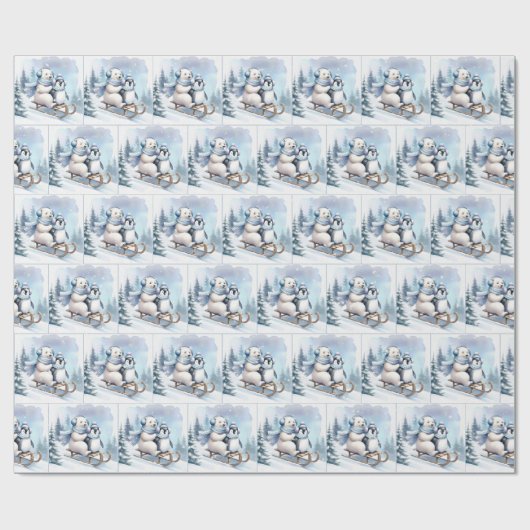 Pinguin und Polar Bear auf Schlitten Geschenkpapier (Flach)