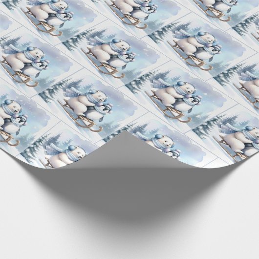 Pinguin und Polar Bear auf Schlitten Geschenkpapier (Ecke)