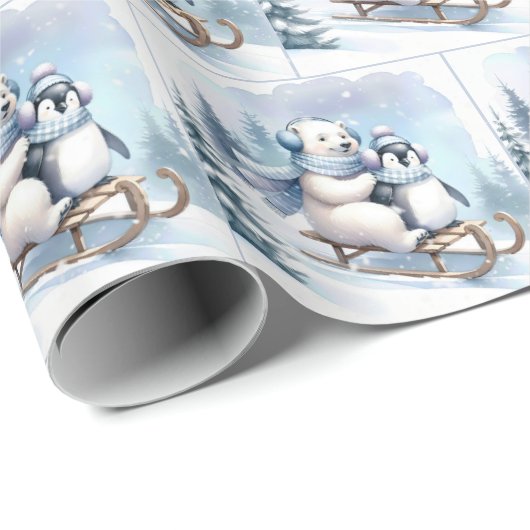 Pinguin und Polar Bear auf Schlitten Geschenkpapier (Rolleneckpunkt)