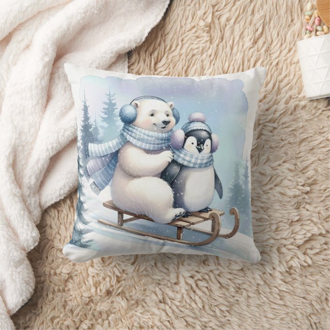 Pinguin und Polar Bear auf Schlitten Kissen (Decke)