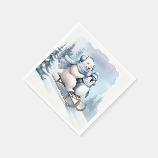 Pinguin und Polar Bear auf Schlitten Serviette (Ecke)