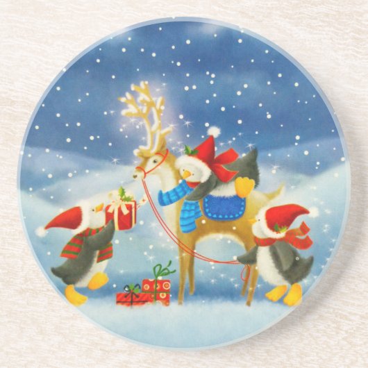 Pinguin und Reindeer Sandstein Untersetzer (Vorne)