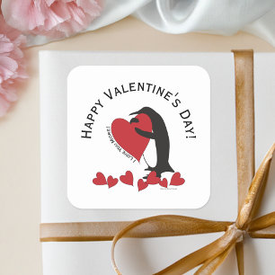 Pinguin und rotes Herz Frohen Valentinstag Quadratischer Aufkleber