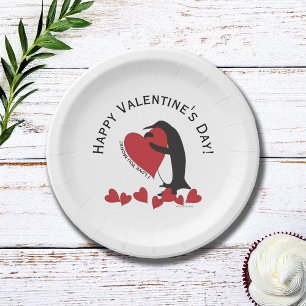 Pinguin und rotes Herz Frohes Valentinstag Pappteller
