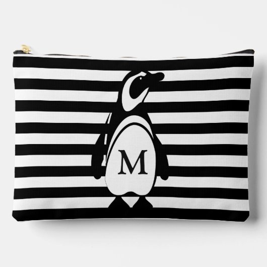 Pinguin und Streifen Mit Monogramm Zubehörtasche (Vorderseite)
