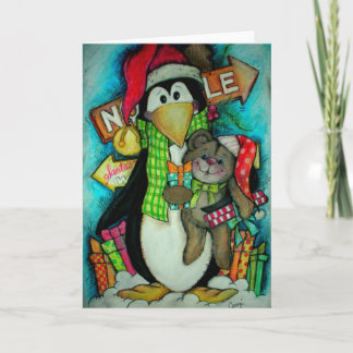 Pinguin und Teddy Pal - Urlaub Spaß Feiertagskarte