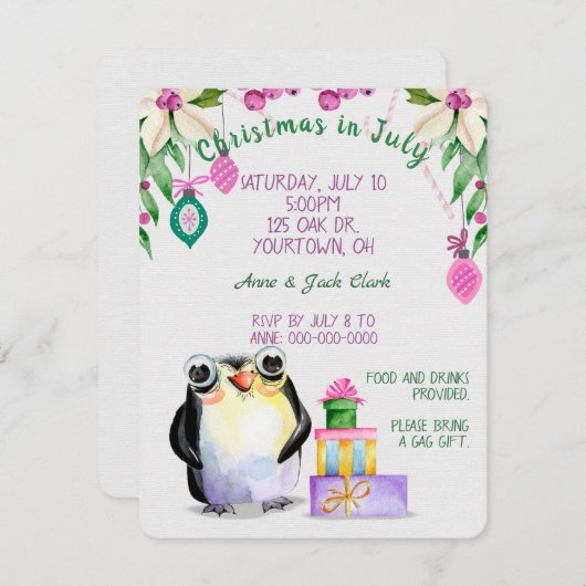 Pinguin und Weihnachtsgeschenke im Juli Party Einladung (Vorne/Hinten)