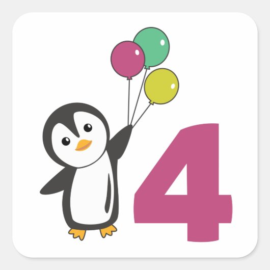 Pinguin Vierter Geburtstag Balloons für Kinder Squ Quadratischer Aufkleber (Vorderseite)