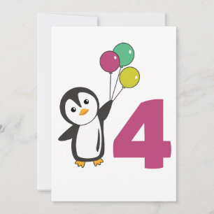 Pinguin Vierter Geburtstag Luftballons Für Kinder  Einladung