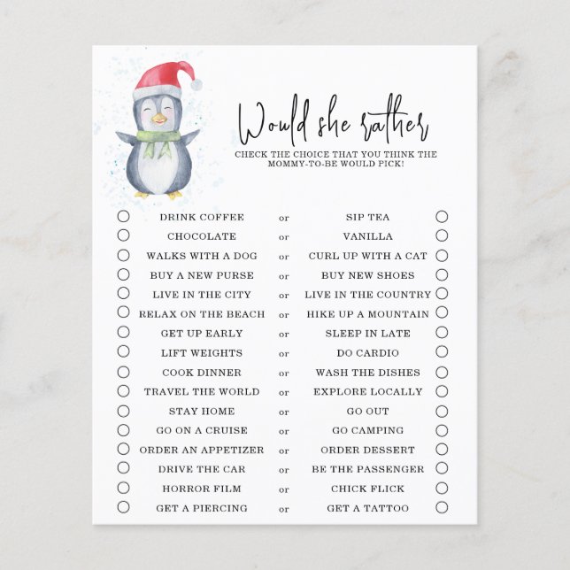 Pinguin - Wäre sie lieber - Baby-Dusche-Spiel (Vorderseite)