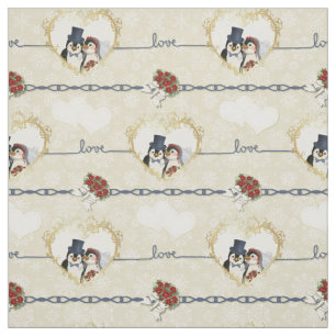 Pinguin Wedding Hearts auf Beige Stoff