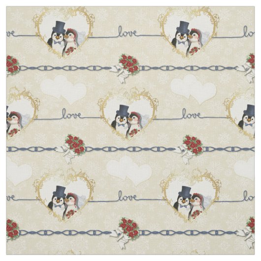 Pinguin Wedding Hearts auf Beige Stoff (Muster)