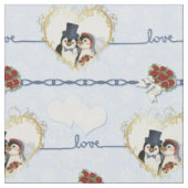 Pinguin Wedding Hearts On Blue Stoff (Nahaufnahme)