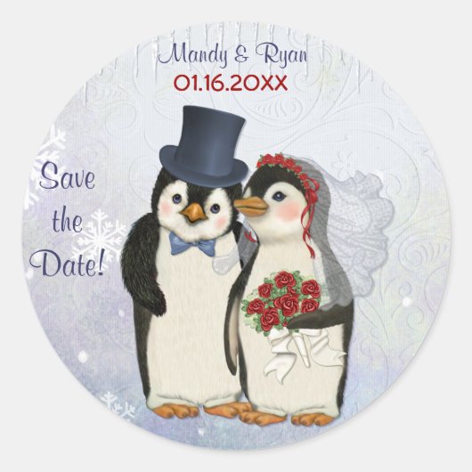 Pinguin Wedding Siegel - Save the Date Runder Aufkleber (Vorderseite)
