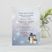 Pinguin Wedding Snowflakes Probe Dinner einladen Save The Date (Stehend Vorderseite)