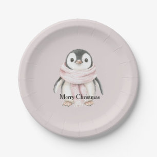 Pinguin Weihnachten mit rosa Schal Pappteller