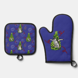 Pinguin Weihnachten Ofenhandschuh & Topflappen-Set