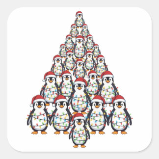 Pinguin-Weihnachtsbaum-Santa-Hut-Weihnachtsbeleuch Quadratischer Aufkleber