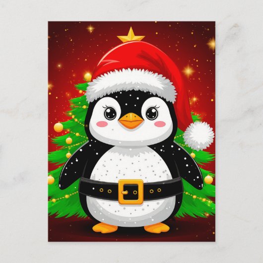 🐧 Pinguin Weihnachtsmann Weihnachtsbaum Feiertags Postkarte (Vorderseite)