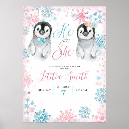 Pinguin Winter Gender Reveal Welcome Sign Card Poster (Vorne)